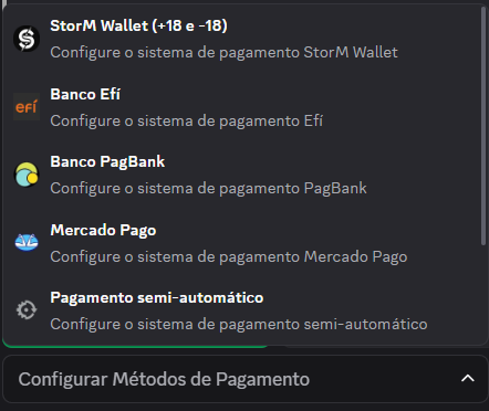 Menu Métodos de pagamento