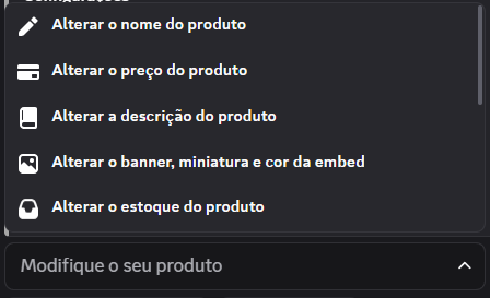 Menu Modifique o seu produto