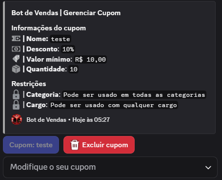 Menu Modifique o seu cupom