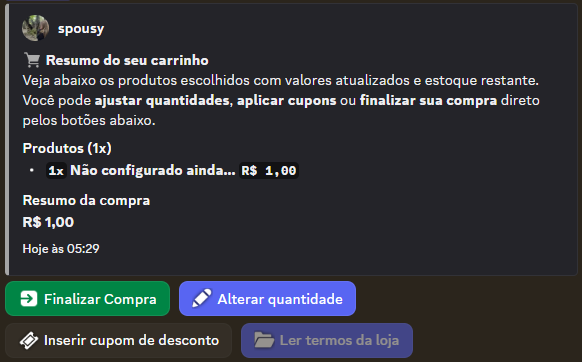 Carrinho de compra e opções de pagamento